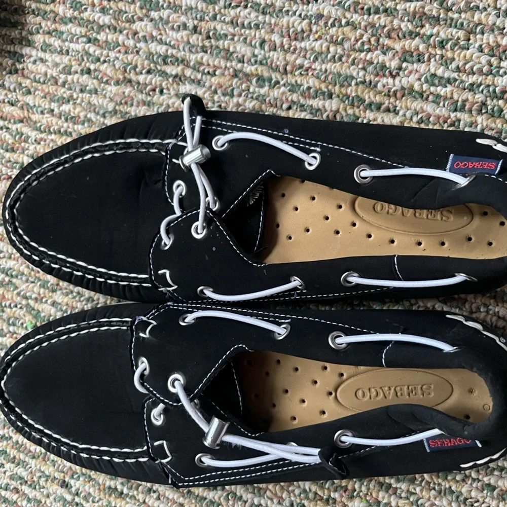 Sebago Black Boat Shoes with White Laces and Contrast Stitching
